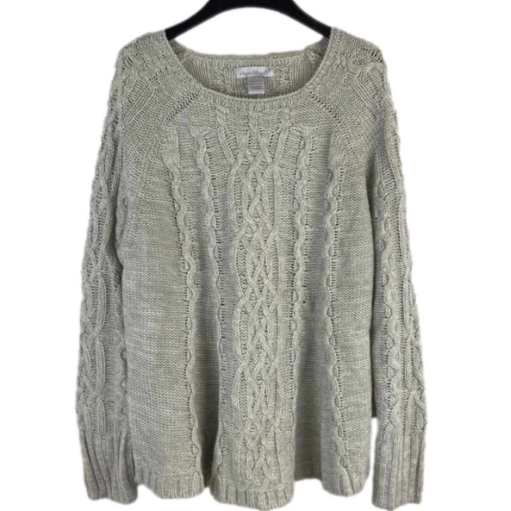 Pale Gray Cable Knit Fisherman Sweater Keren Hart Size Large NEW Coastal Cozy